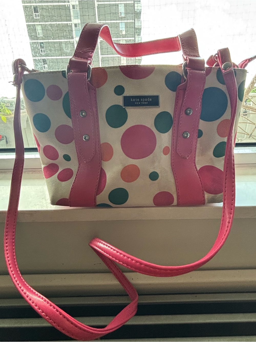2 for $40- Kate Spade New York Polka Dot Canvas Handbag Pink Leather Handles